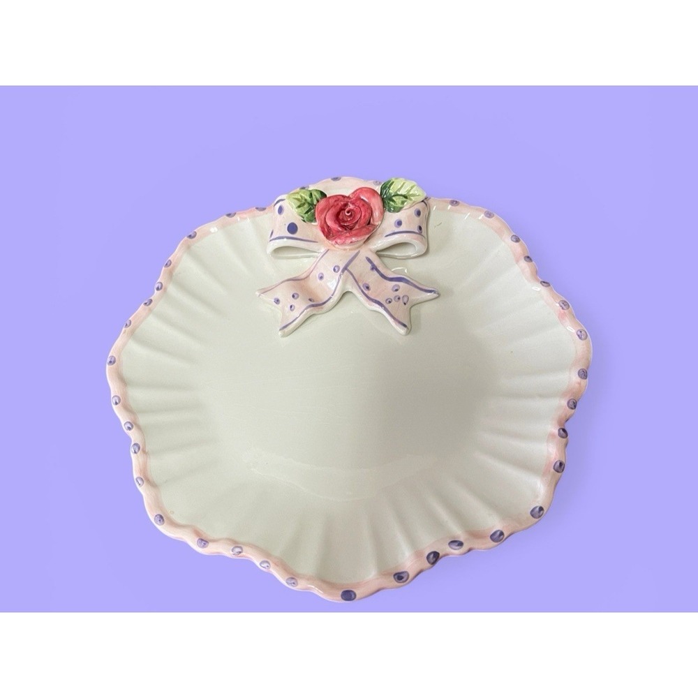 World Bazaars Inc White Scalloped Edge Plate Red Rose Pink Purple Ribbon Vintage